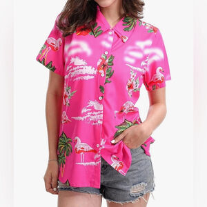 Hawaiian Floral Tropical Print Graphic Button Up Short Sleeve Vacation Shirt Top